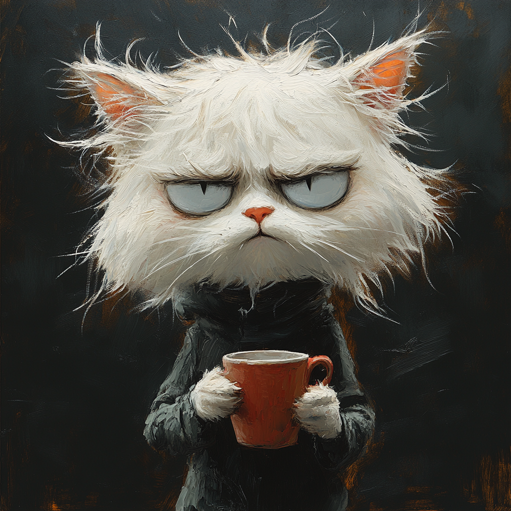 Disheveled white cat holding coffee cup with tired expression.