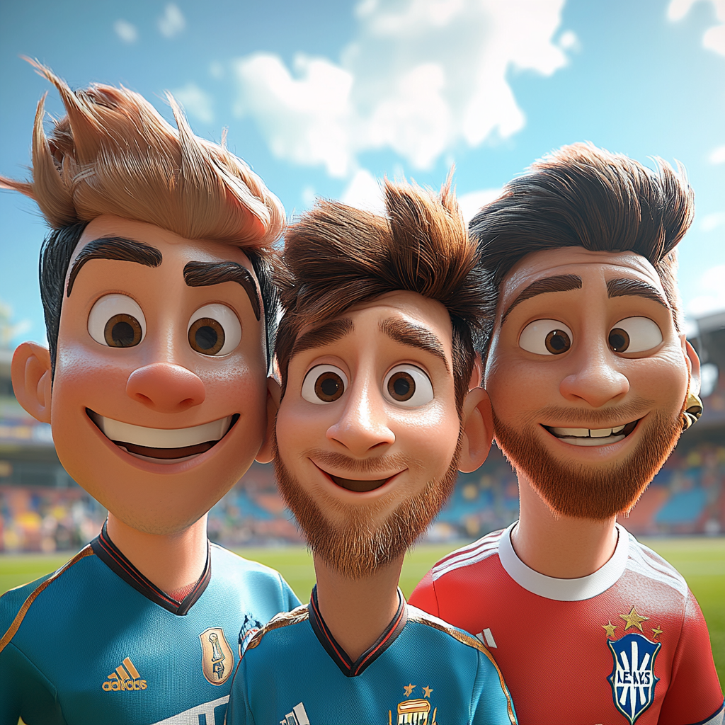 Disney-Pixar style image of Ronaldo, Messi, Neymar.