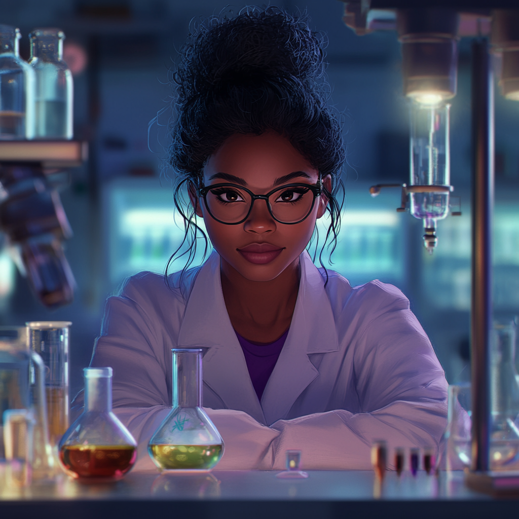 Disney black female scientist in lab coat smiling.