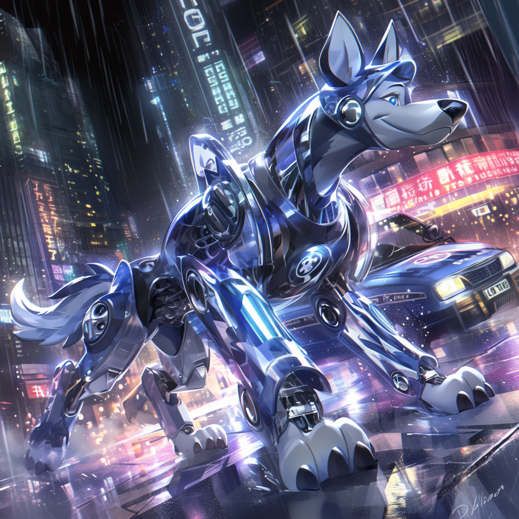 Disney cartoon character dog in futuristic police uniform standing heroically next to flashing police car in modern city at night.