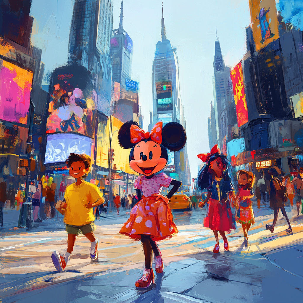 Disney characters walking in Times New York square.