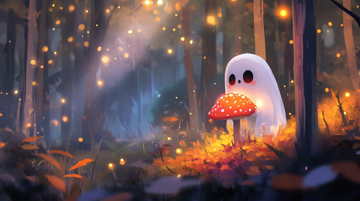 Disney ghost with pink and orange mushroom in forest.