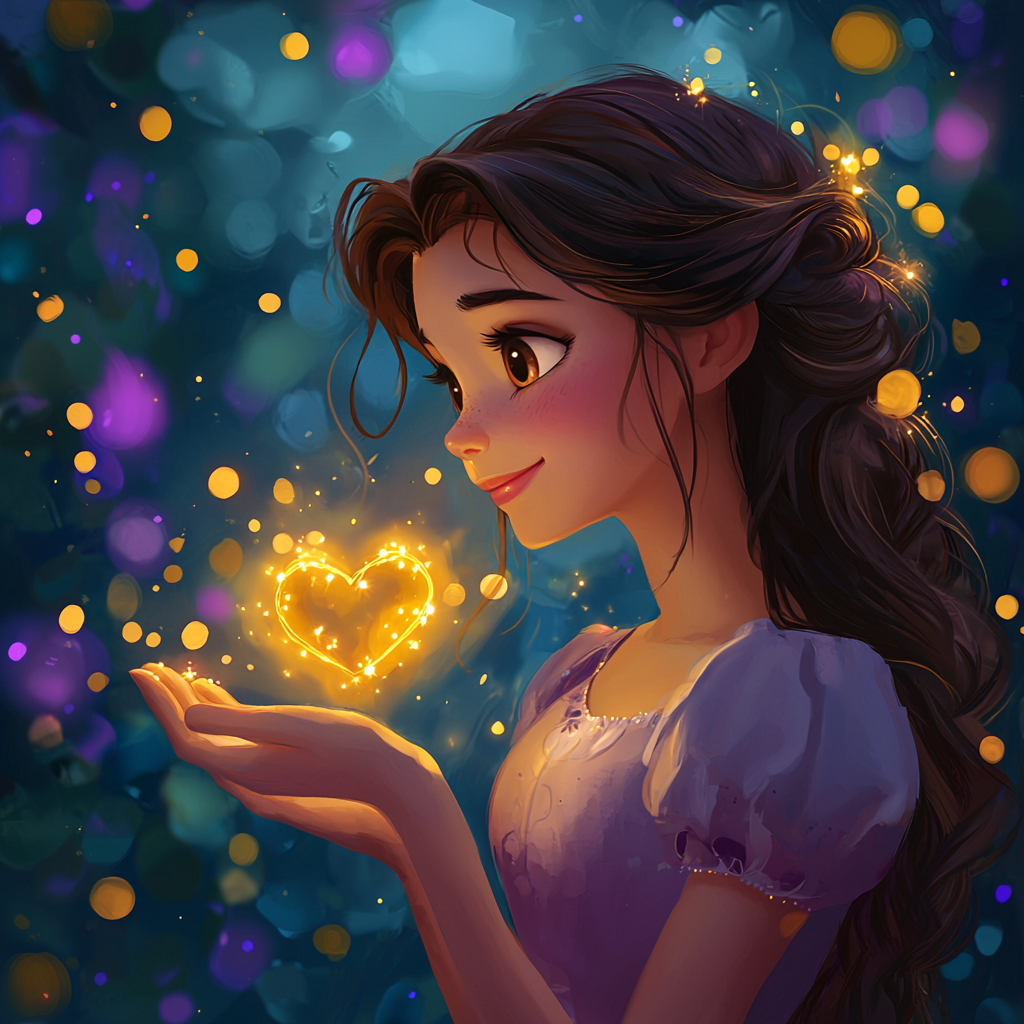 Disney princess profile with brown hair and eyes, magic forest.