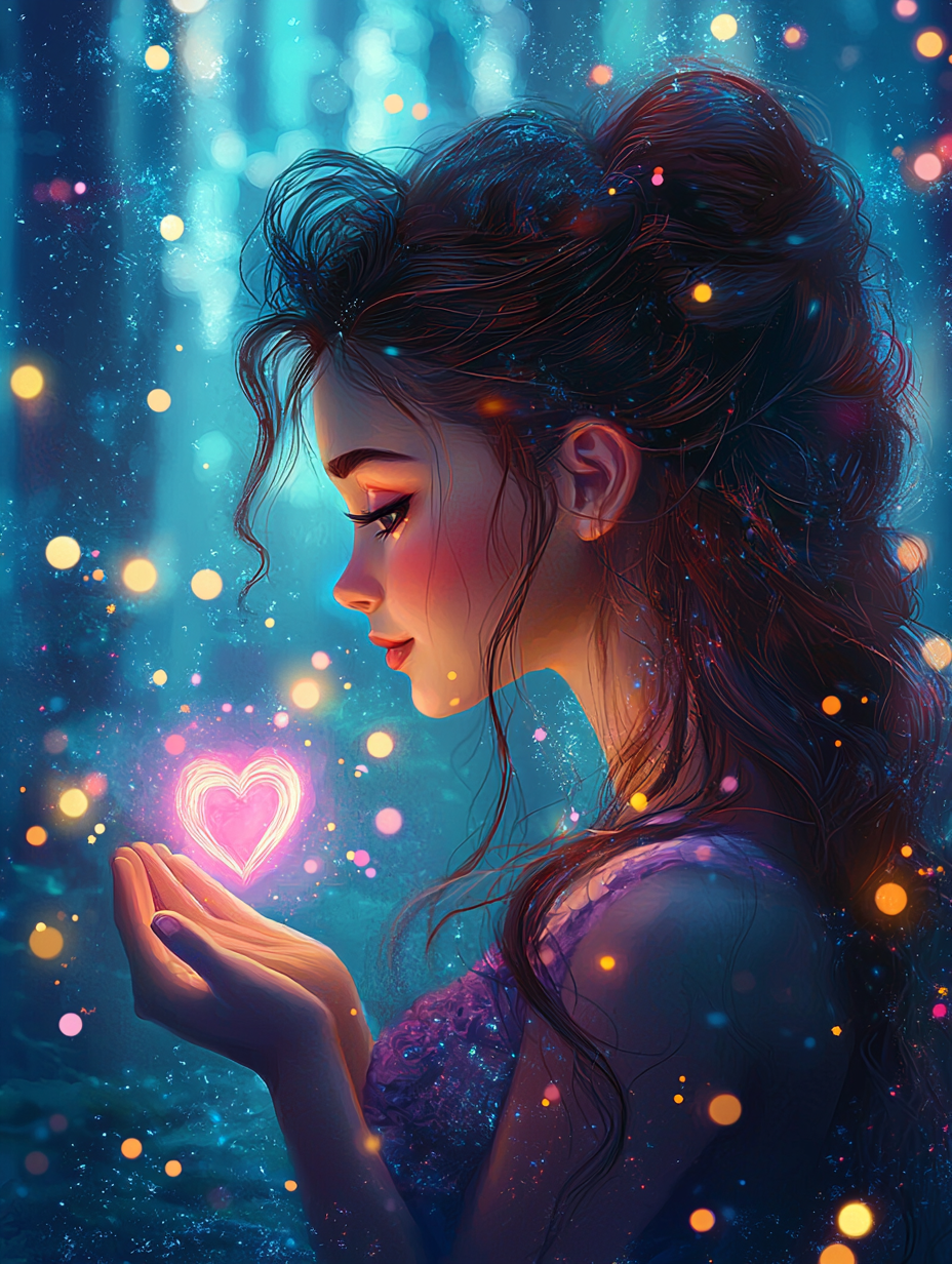 Disney princess with brown hair, eyes, heart in hands.