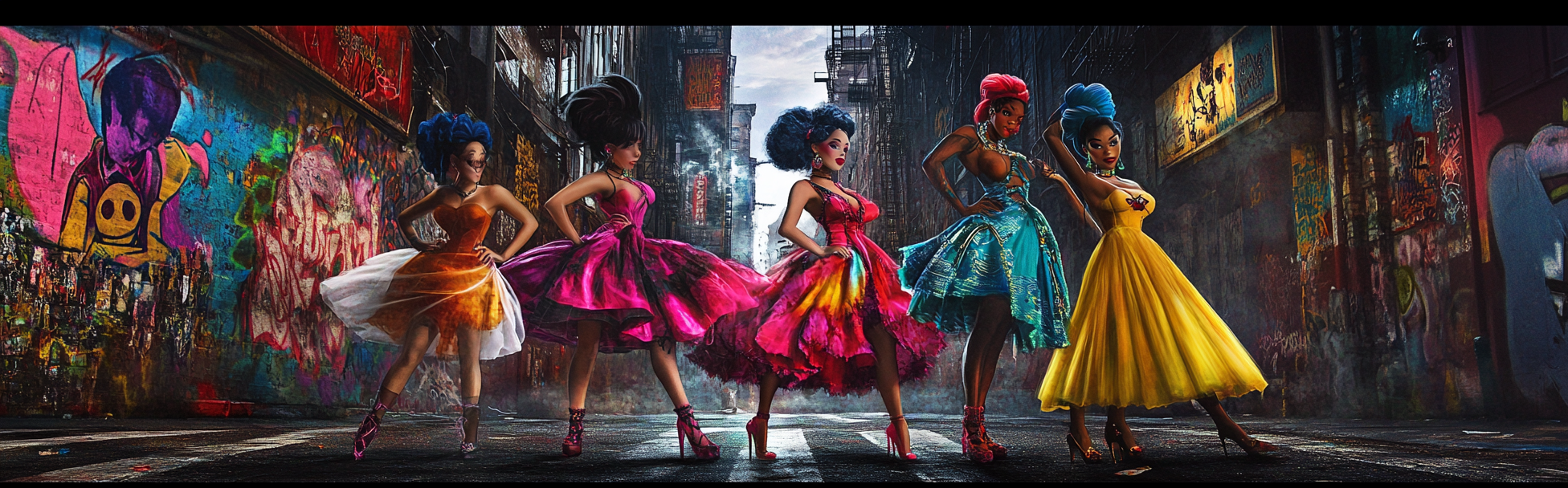 Disney princesses in urban streetwear, posing in downtown.