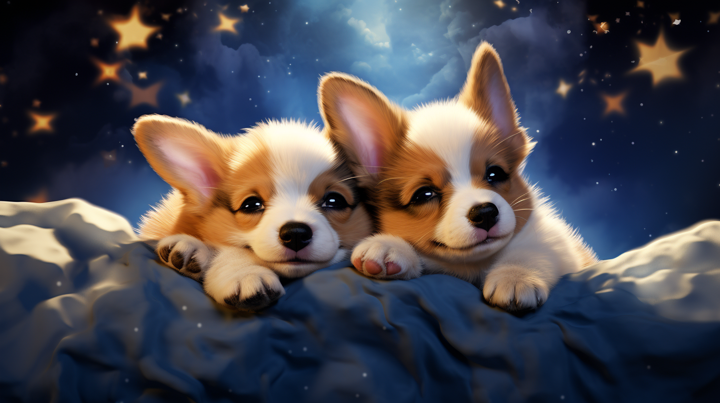 Disney-style Corgi Puppies Cuddling in Sky