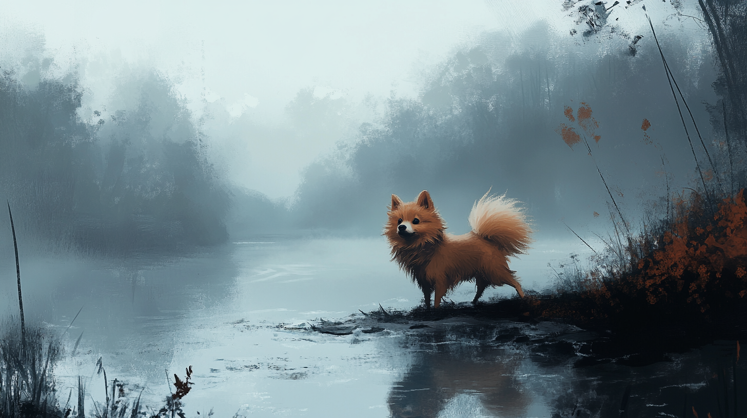 Disney style image of Pomeranian carrying biddle, gloomy setting.