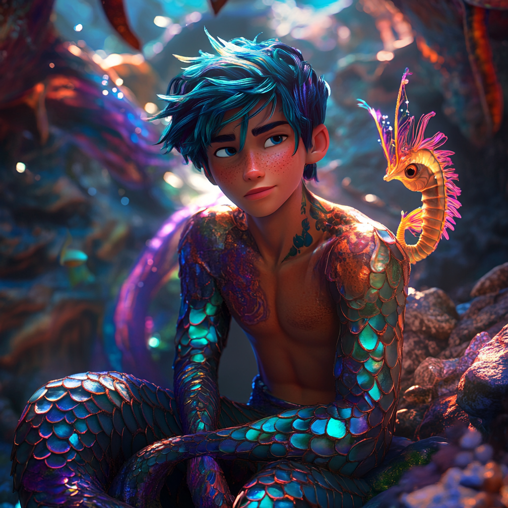 Disney-style mermaid boy with turquoise hair, fishscale pattern.