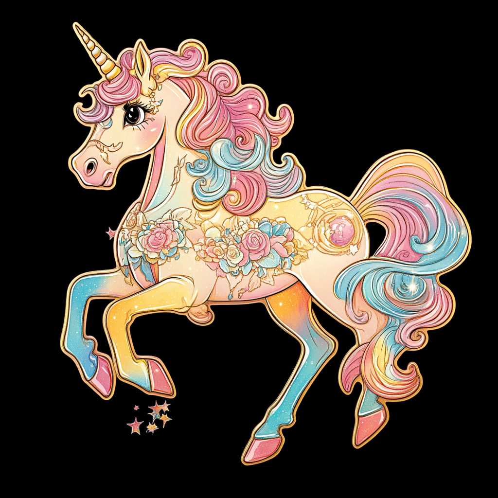 Disney style stickers featuring galloping majestic unicorn goddess.