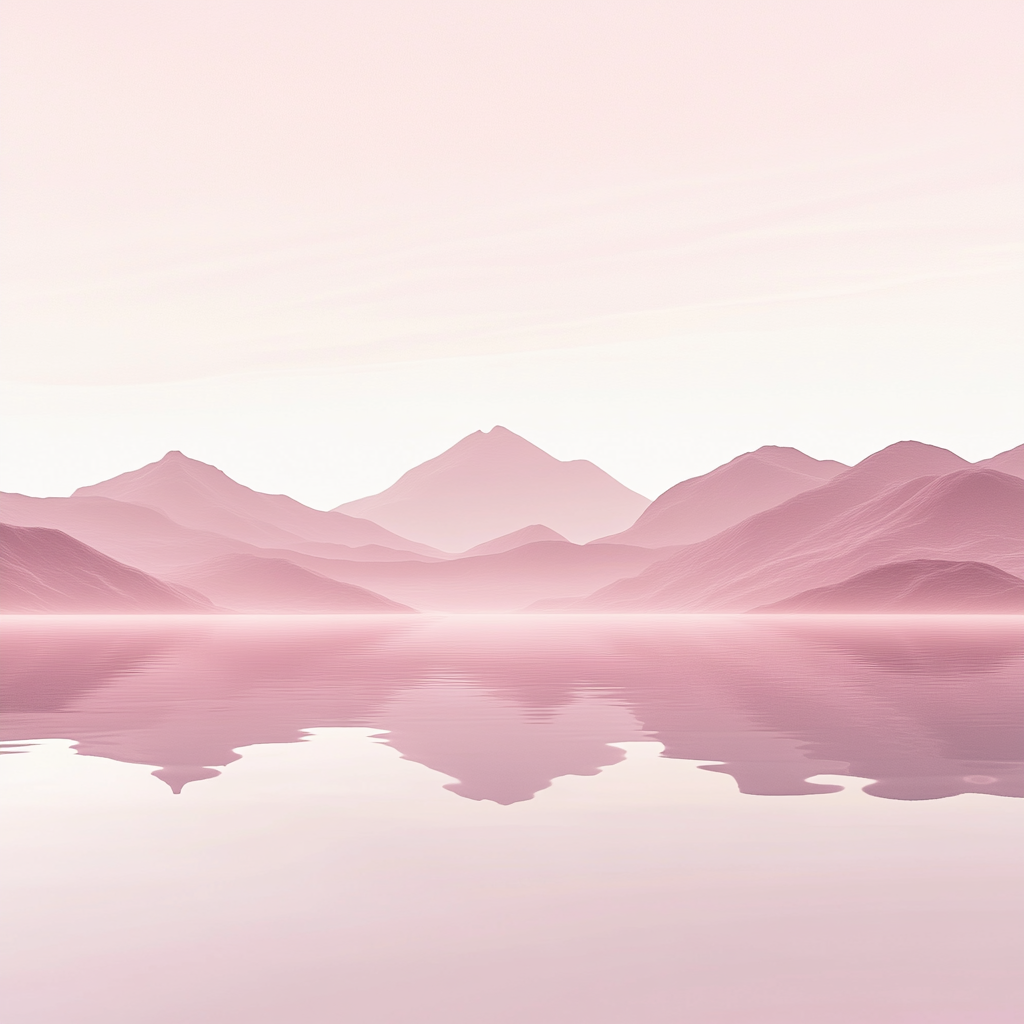 Distant mountains, peaceful water, reflections, light pink, relaxing Zen