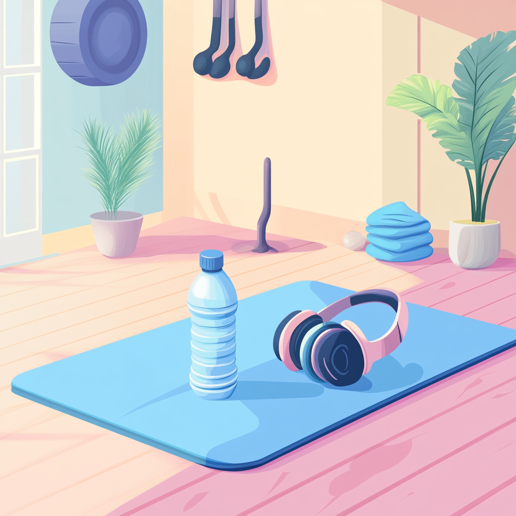 Distant view of room with workout essentials in vector style.