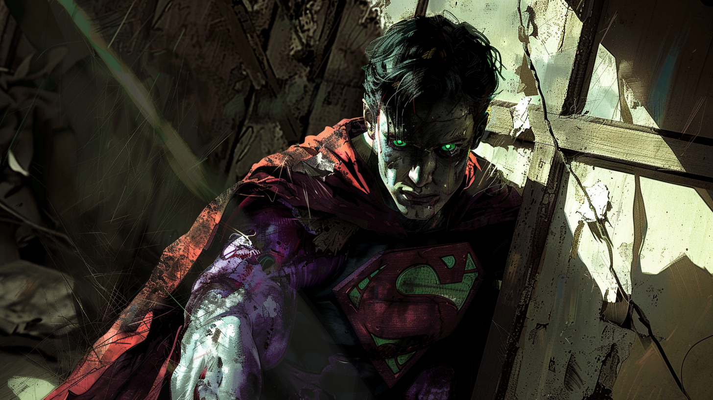 Distressed superman with glowing green eyes in dark corner.