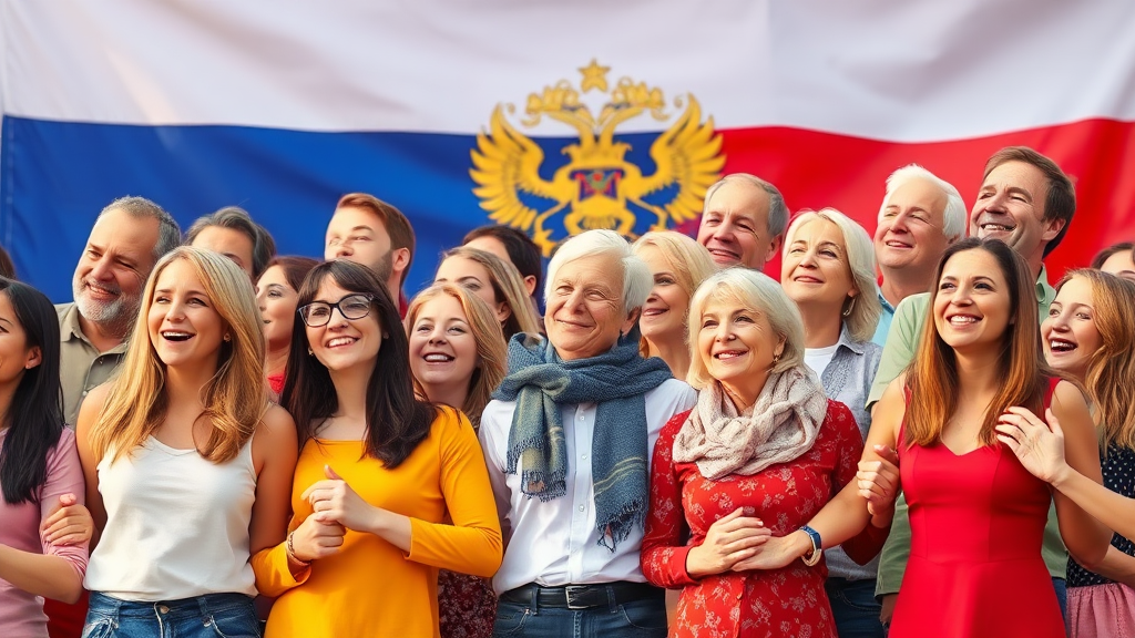 Diverse People Holding Hands in Front of Russian Flag