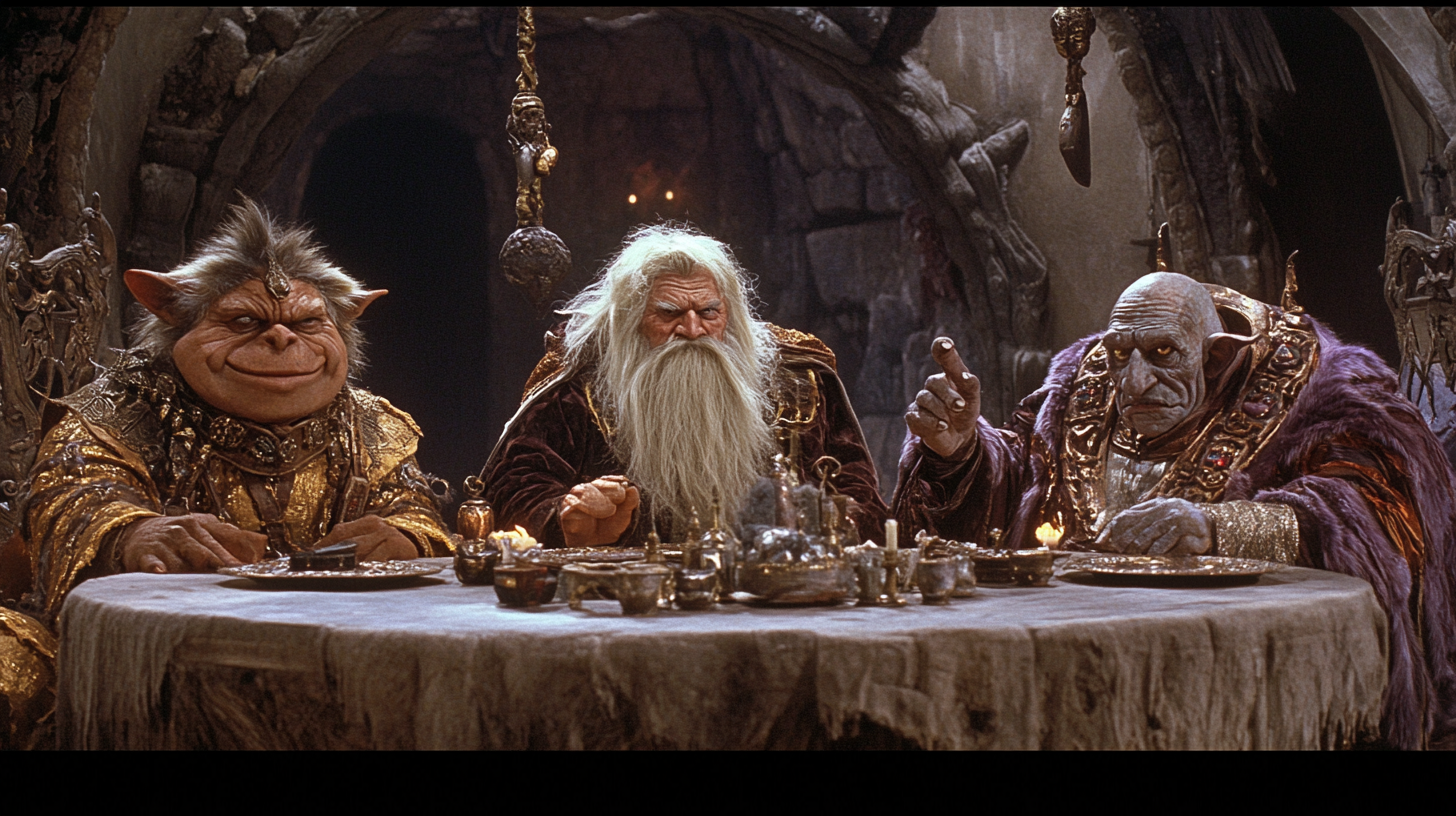 Diverse Wizards Convene at Round Table in Palace