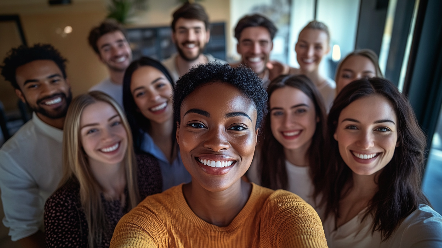 Diverse business people taking selfie with Nikon camera.