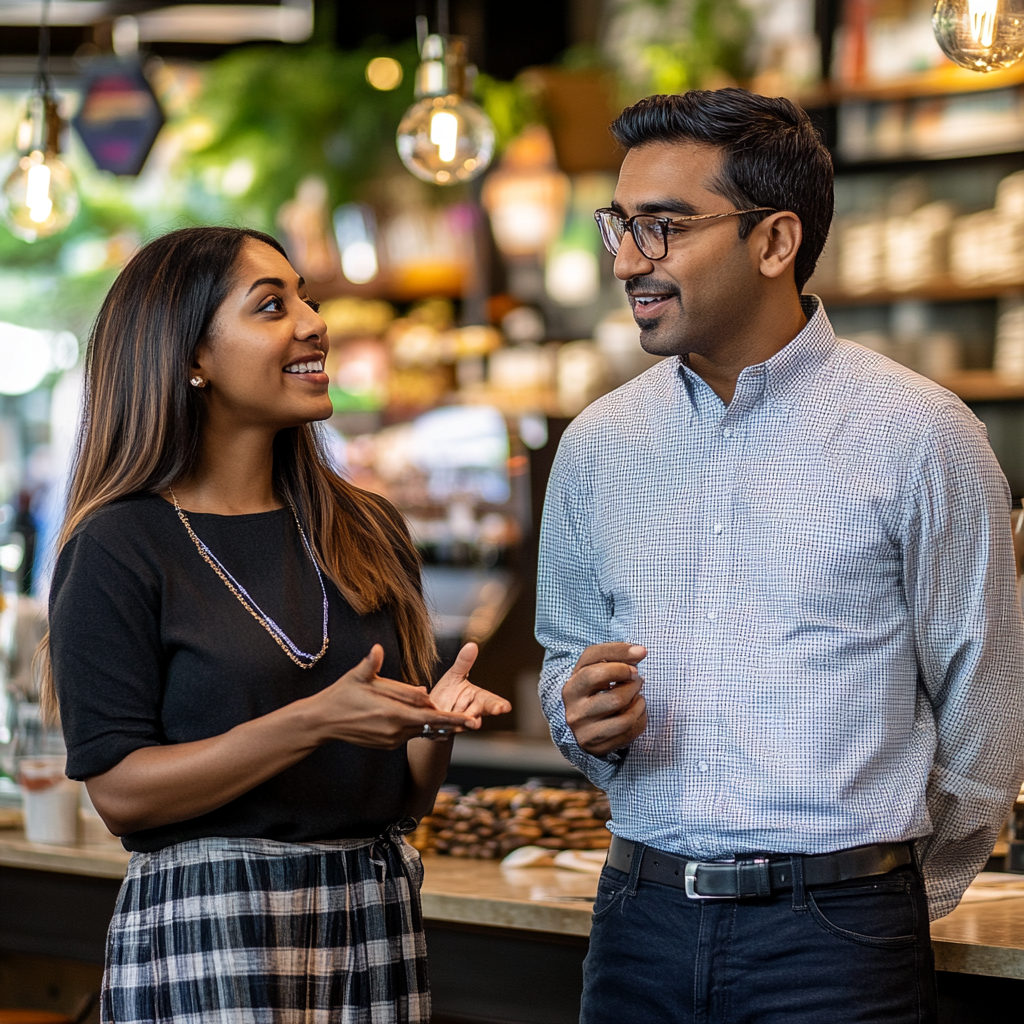 Diverse couple talking at cafe, casual attire, ethnicity.