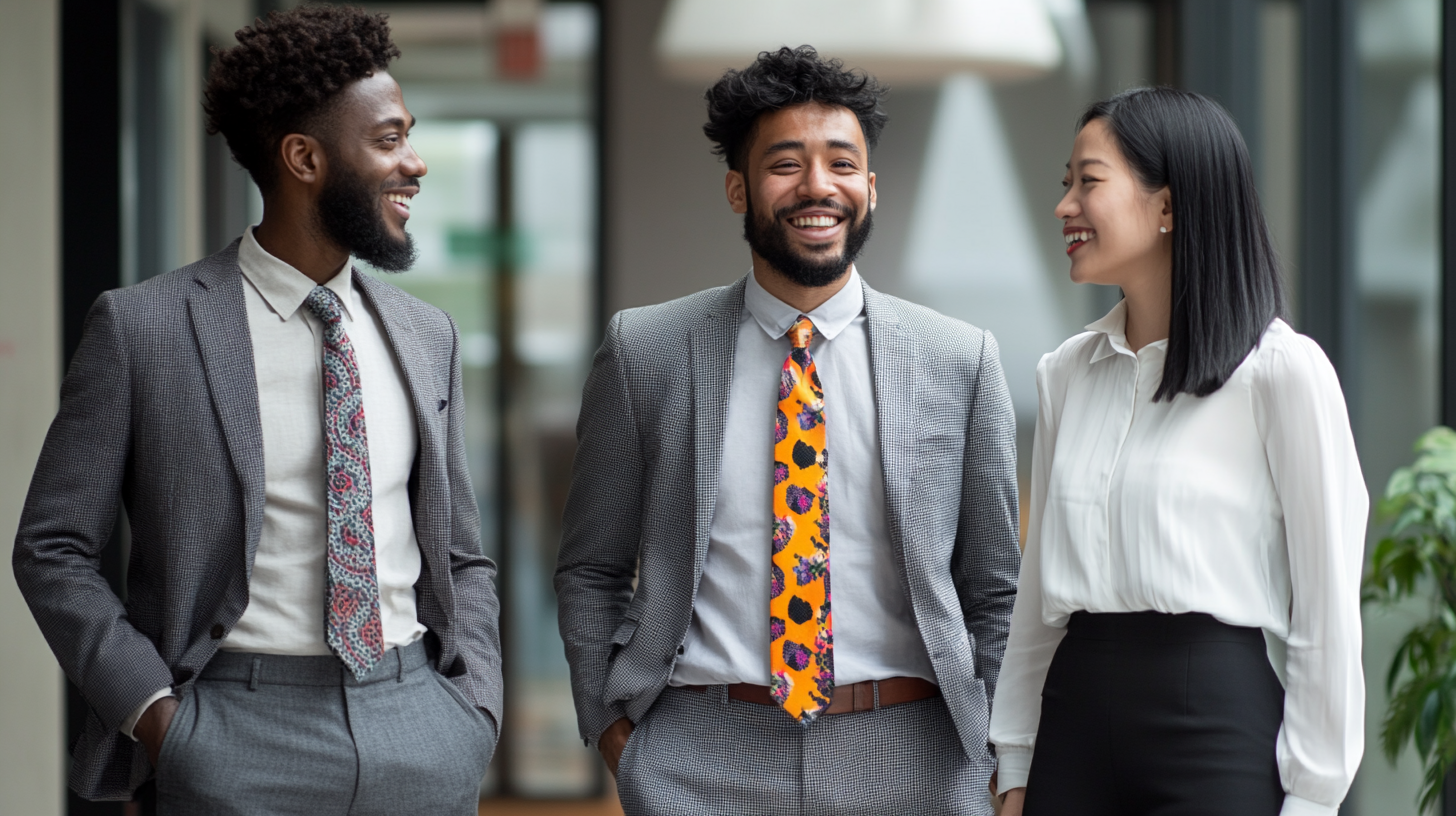 Diverse designers in stylish attire smiling in studio.