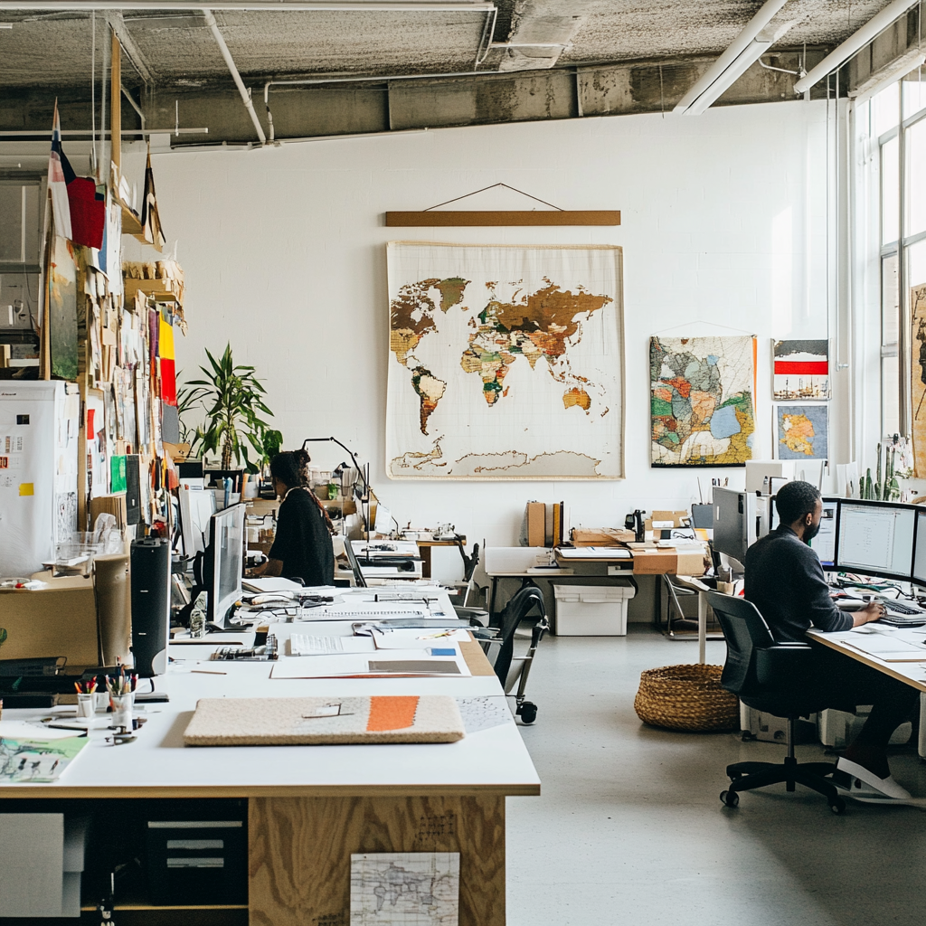 Diverse designers work in global-themed studio with artifacts.