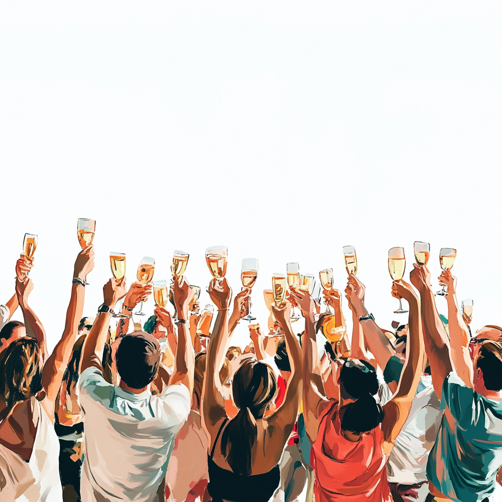 Diverse group celebrating, holding drinks, white background, summer party.