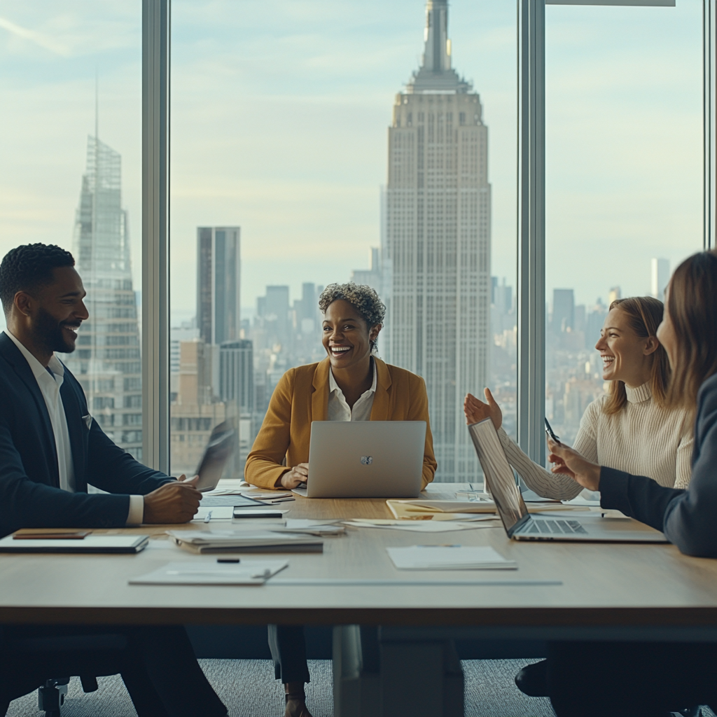 Diverse group collaborating in modern office with city views.