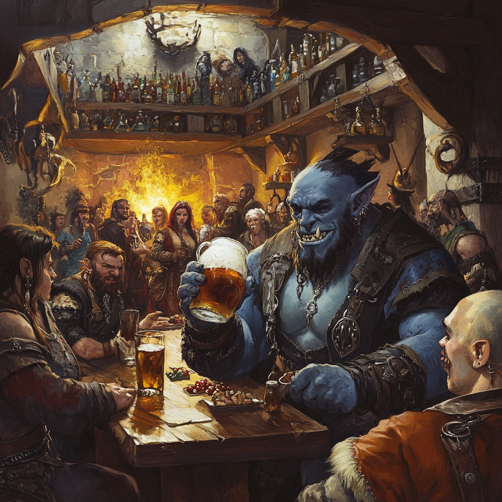 Diverse group in medieval tavern with lively atmosphere.