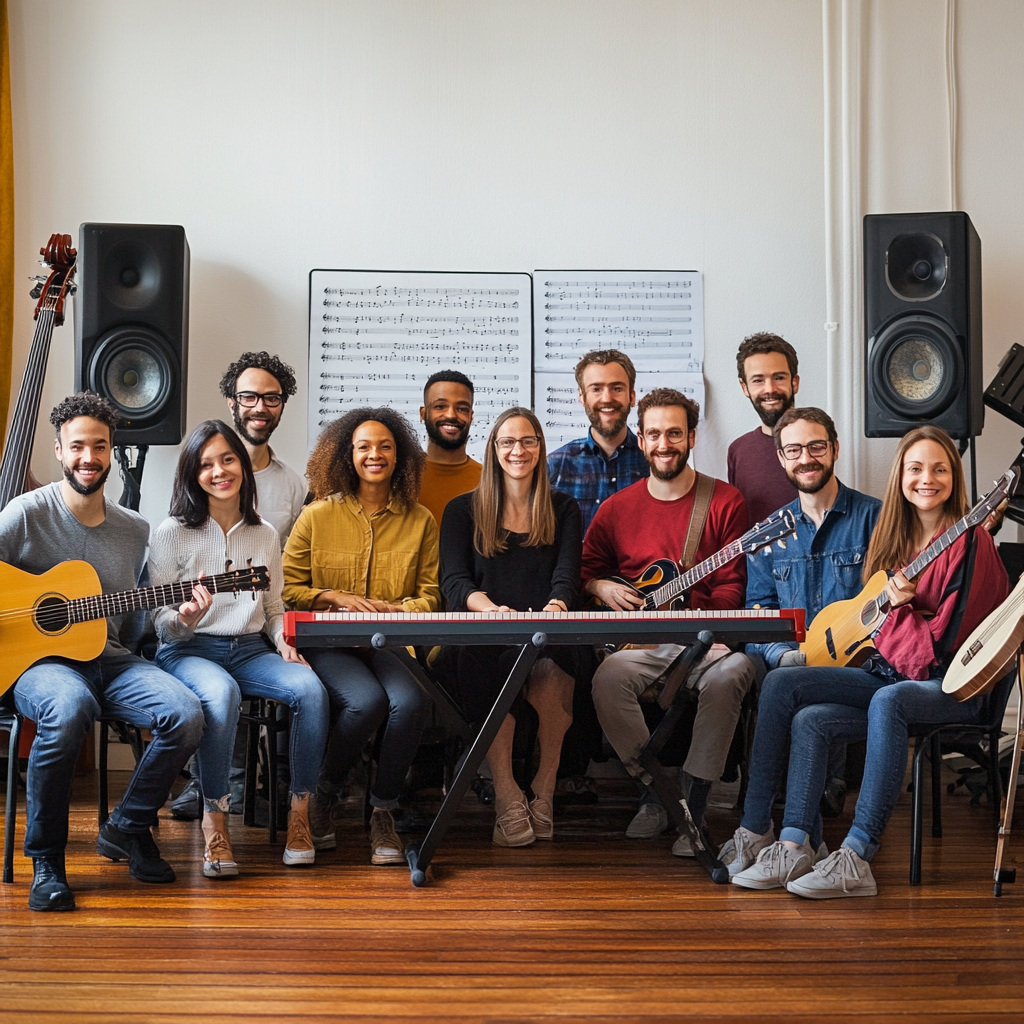 Diverse group of adults in music studio with instruments.