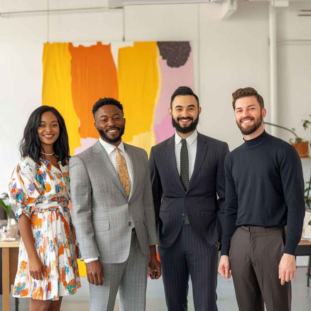 Diverse group of designers smiling warmly in studio.