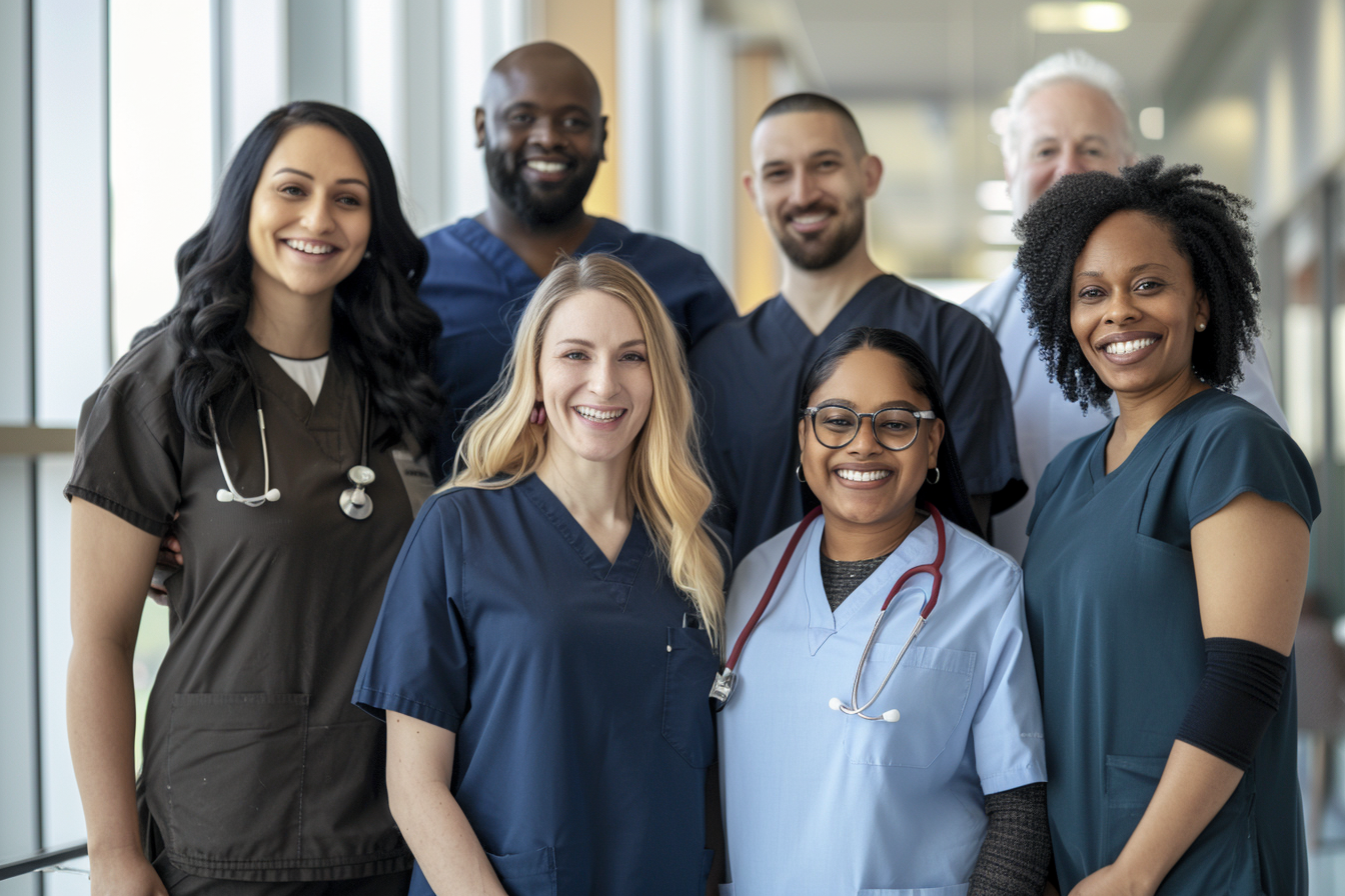 Diverse healthcare professionals smiling in modern medical setting.