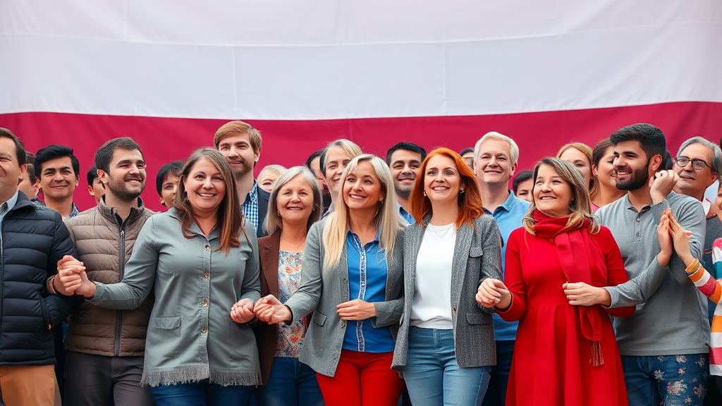 Diverse people holding hands in front of Russian flag.