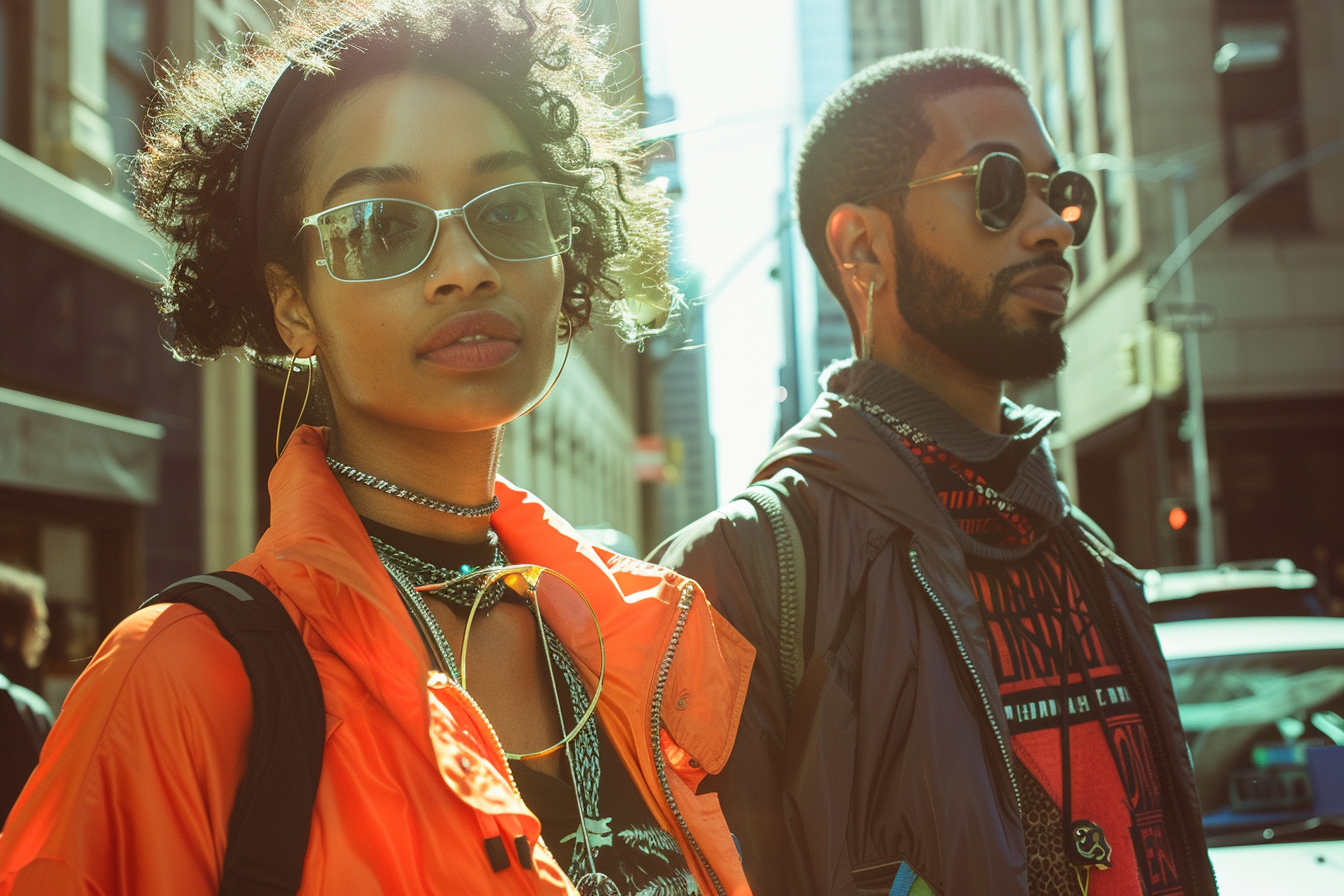 Diverse people in stylish urban fashion on street