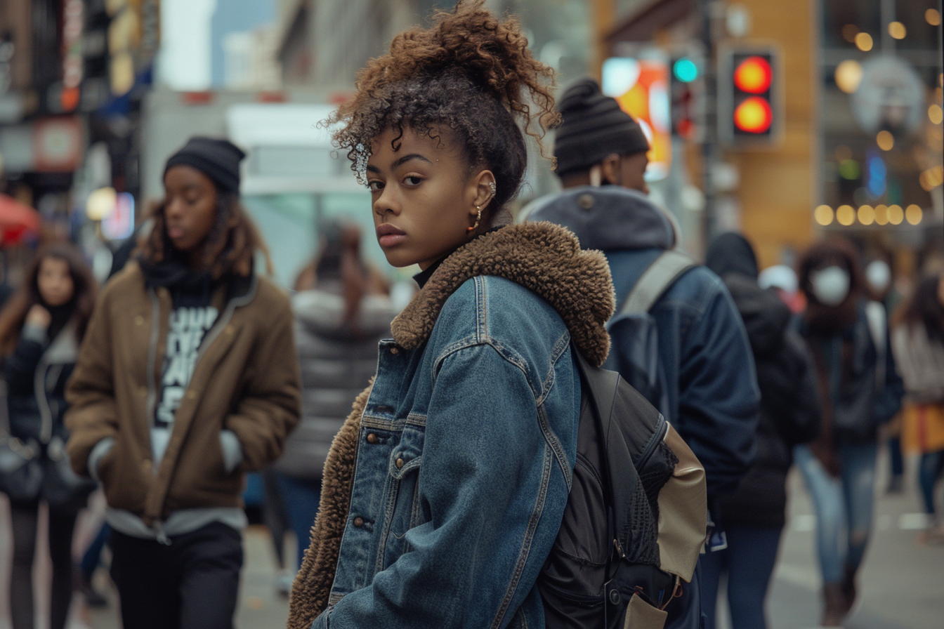 Diverse people walking in trendy urban fashion scene