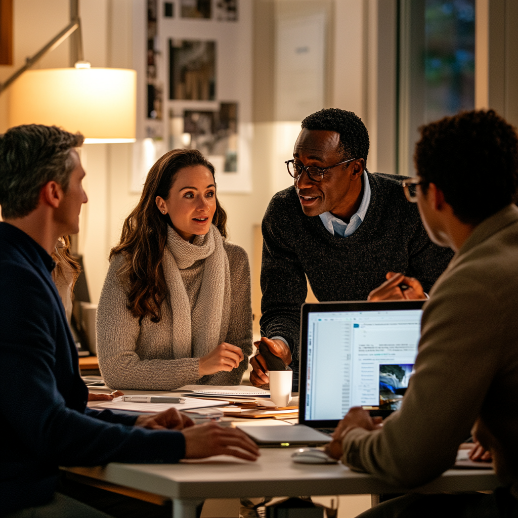 Diverse professionals working together in a warm office