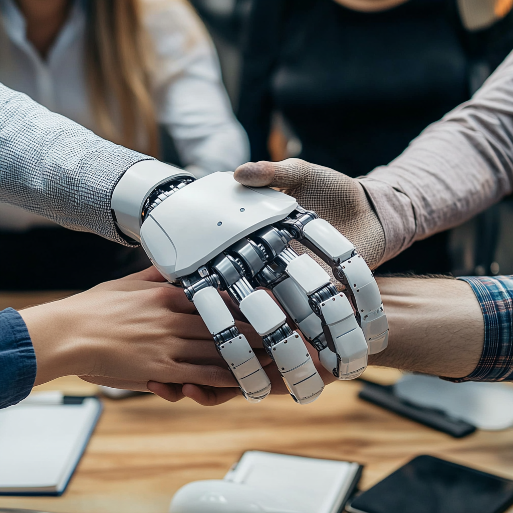 Diverse team with robot hand, symbolizing unity and success.