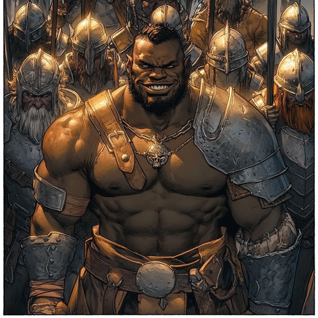 Diverse warriors stand behind friendly, confident orc.