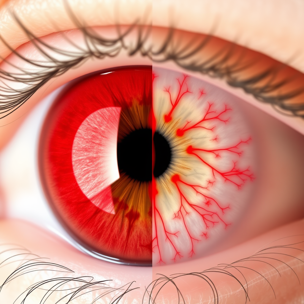 Divided Eyeball: Red Capillaries and Healthy Side