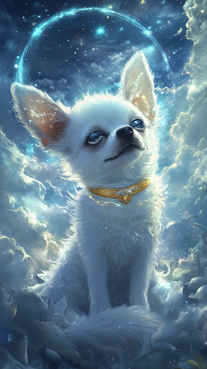 Divine chihuahua with white fur and golden eyes