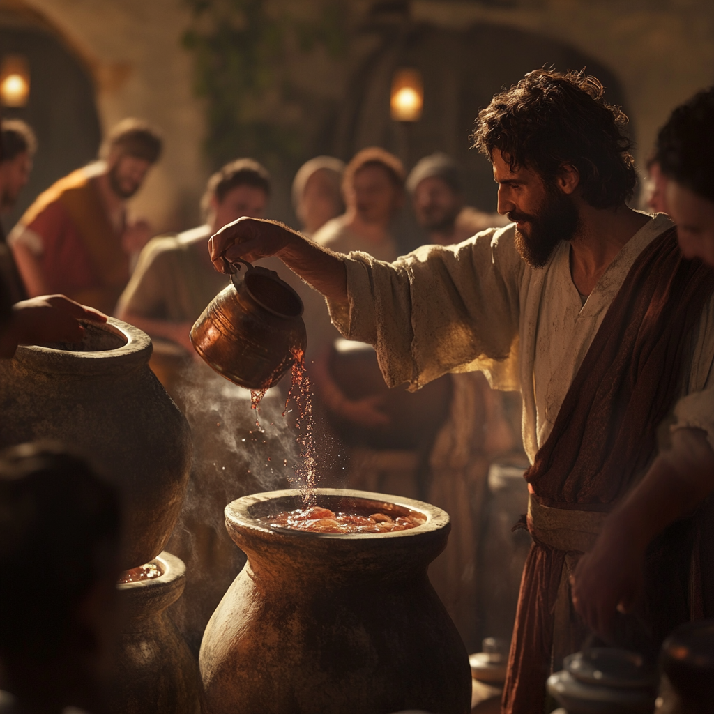 Divine moment: Jesus turns water to wine miraculously.