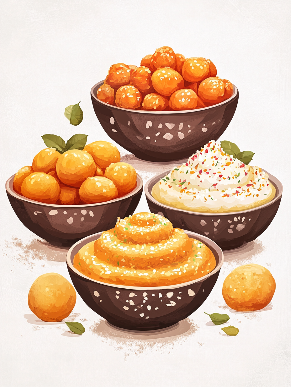 Diwali foods and sweets illustration in bold style.