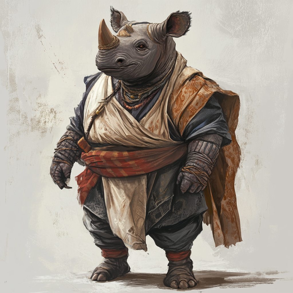 DnD character: human-rhinoceros mix, animalistic, young, stocky.