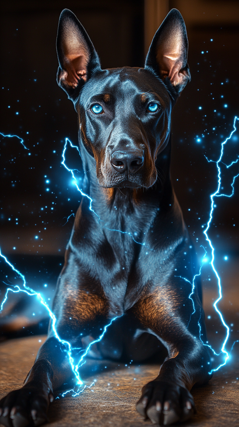 Doberman with lightning powers, black fur with electric blue highlights.