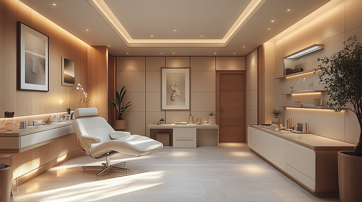 Doctor's cabinet room with minimalist, elegant design, light tone.