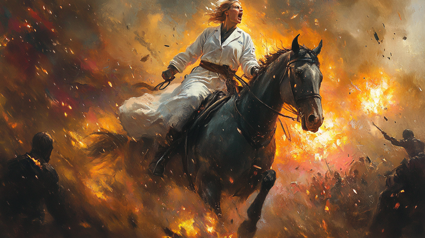 Doctor in White Lab Coat on Horse in Battle