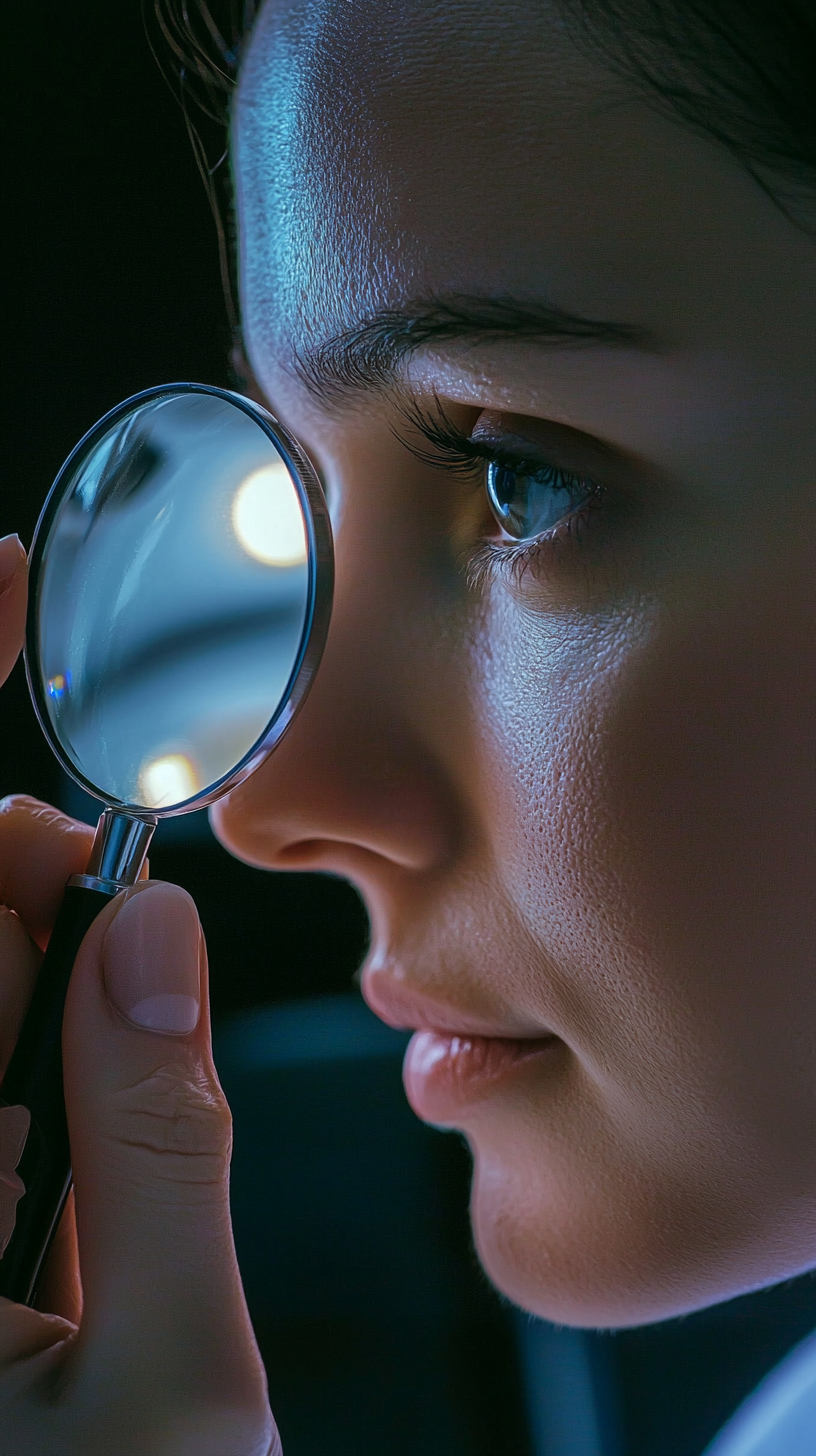 Doctor uses magnifying glass, examines patient's skin.