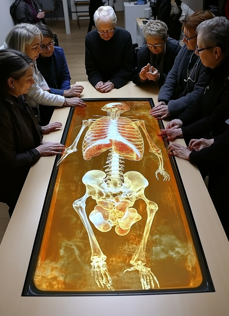 Doctors studying large holographic body at round table