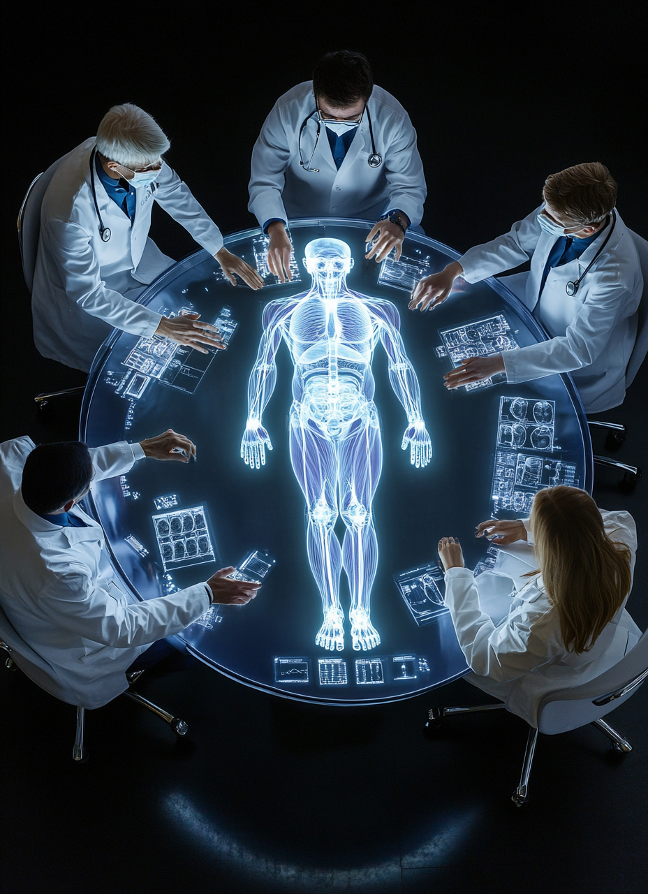 Doctors studying large human hologram at round table