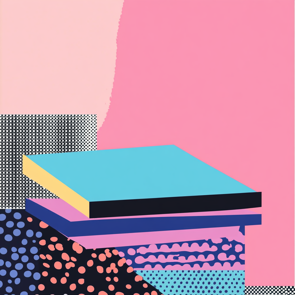 Documentation piles in pink, blue, black minimalist collage.