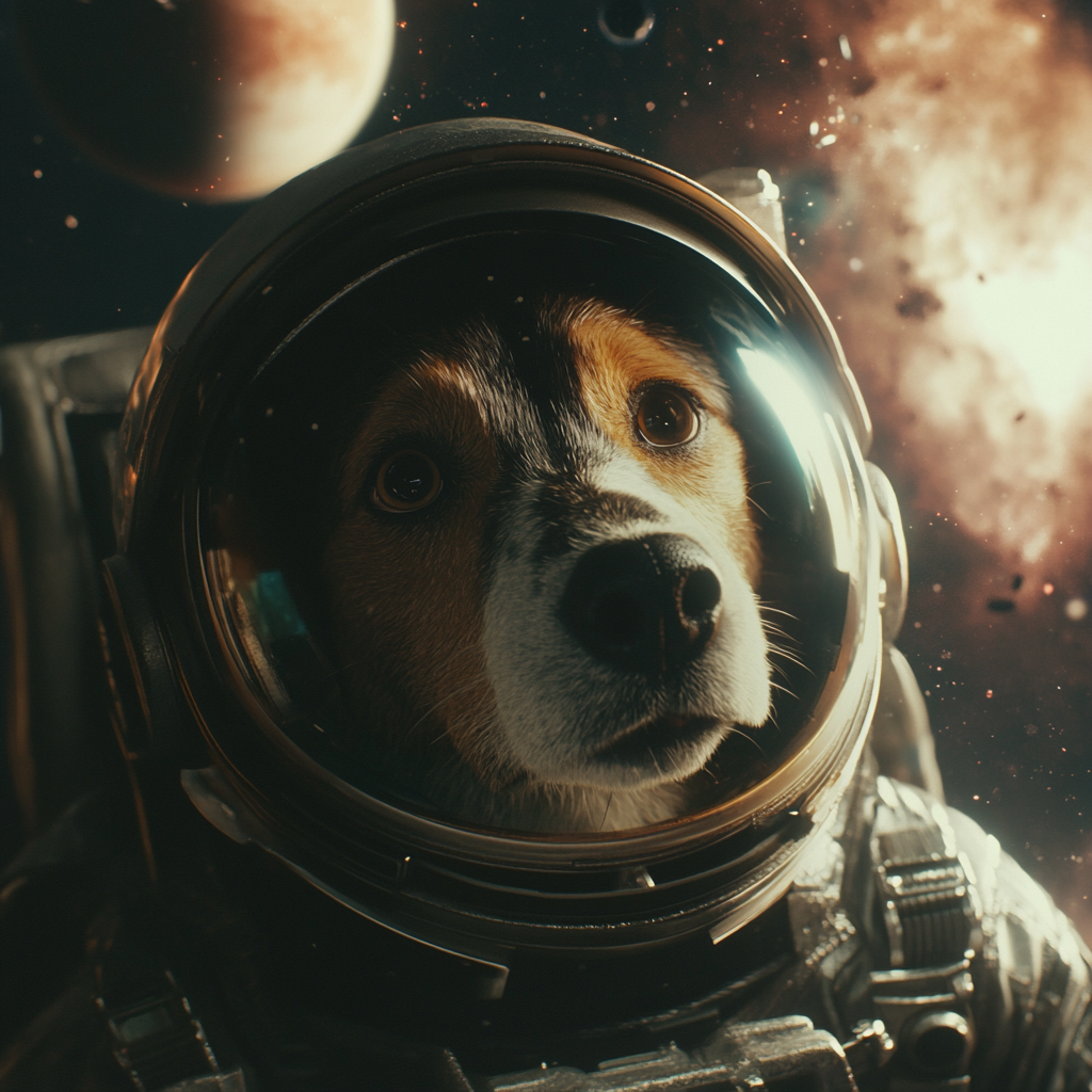 Dog astronaut in space suit with planets