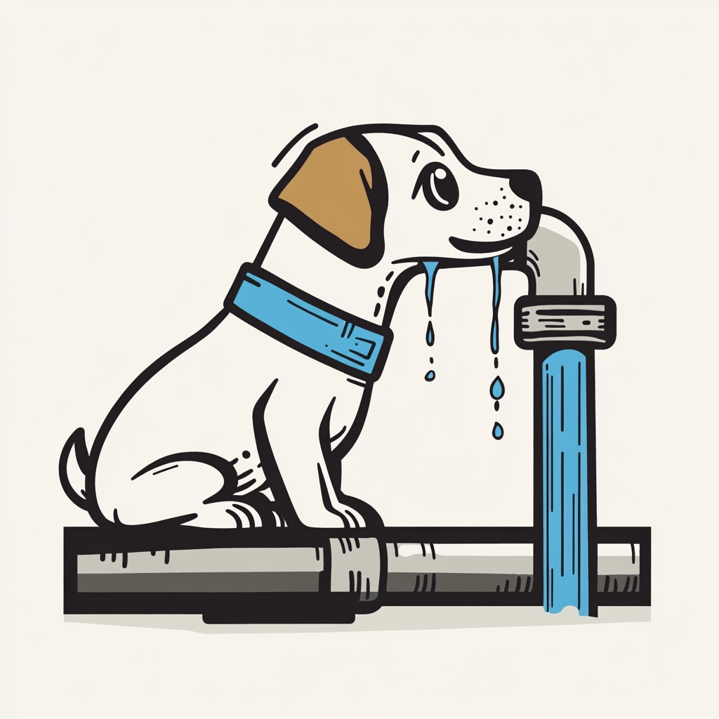 Dog in blue collar clothes looking at water pipe.