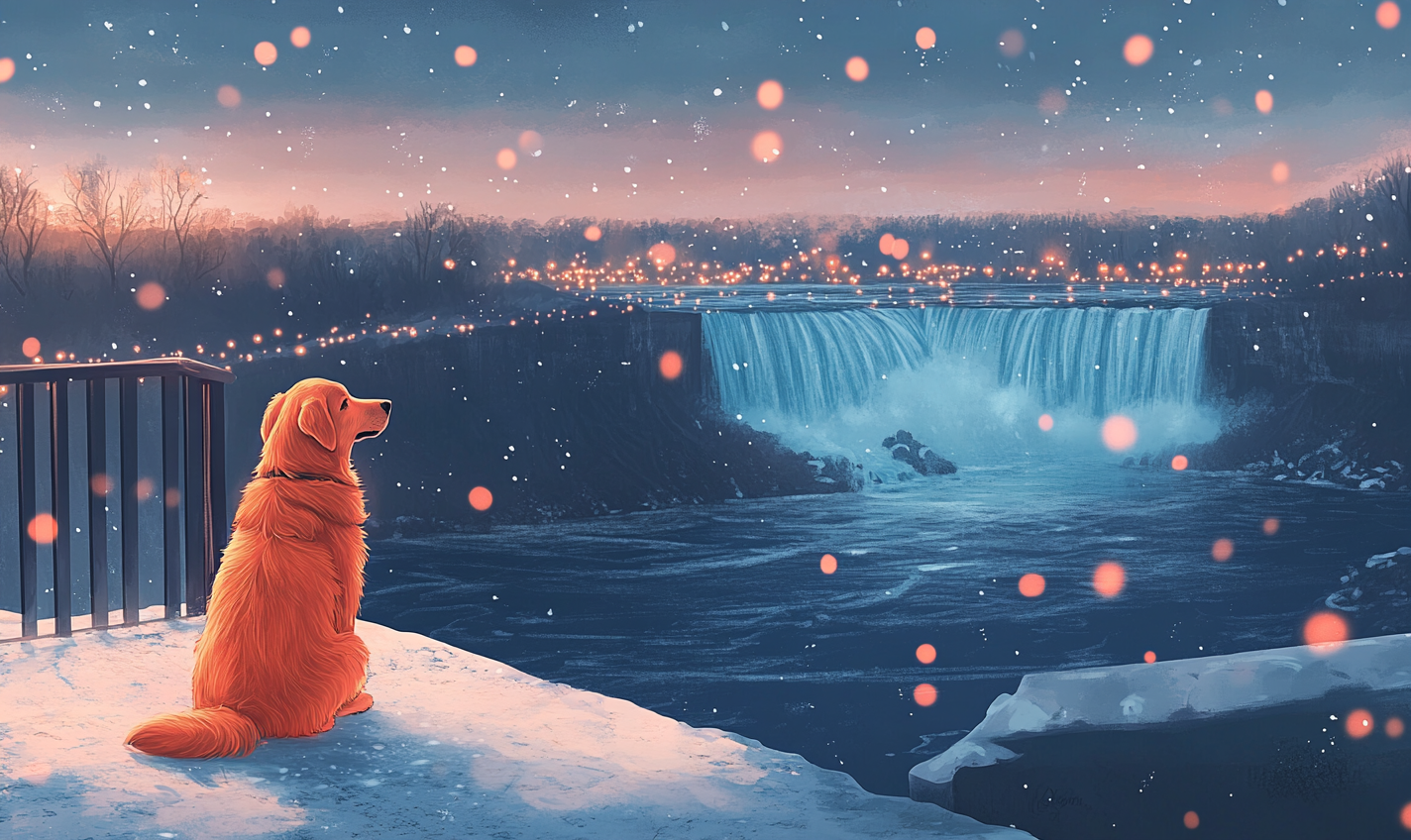 Dog on deck overlooking snowy Niagara falls with lights.