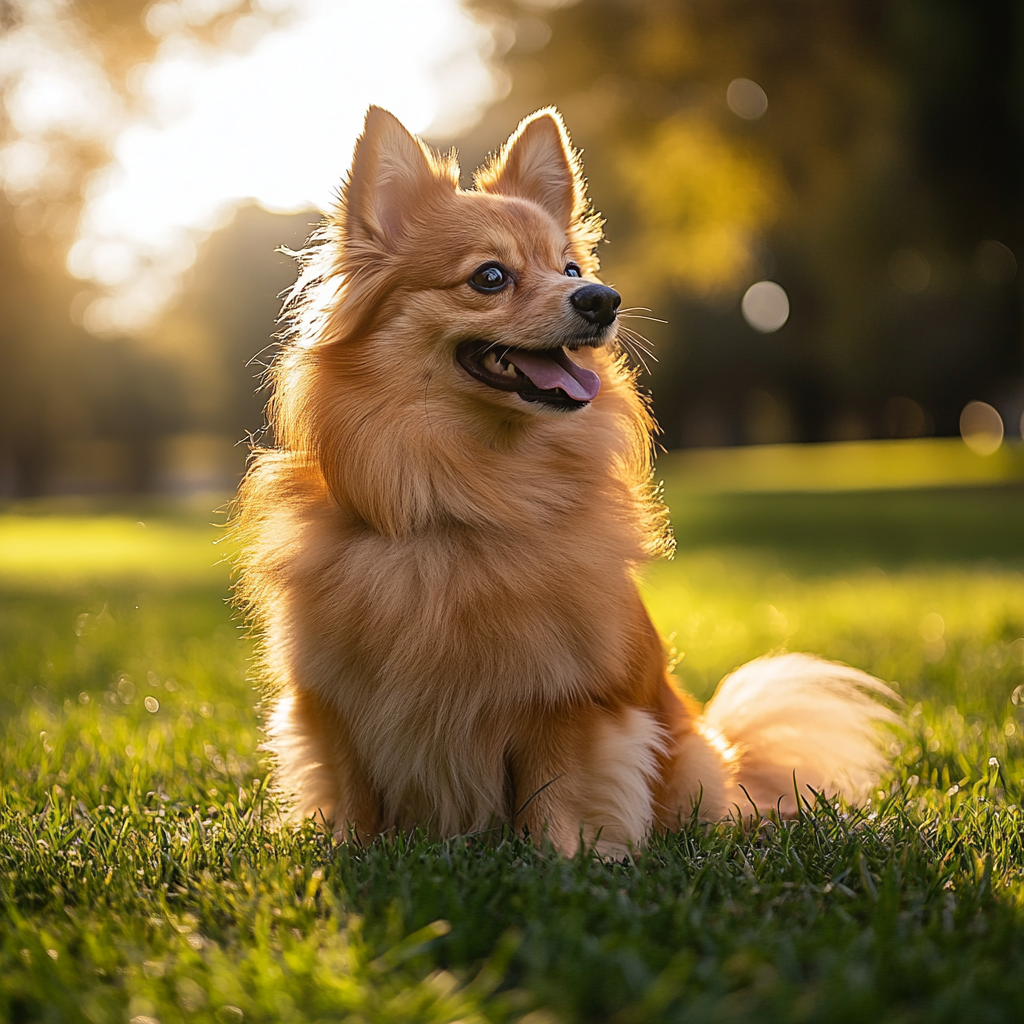 Dog sitting on grass, wagging tail, looking happy.